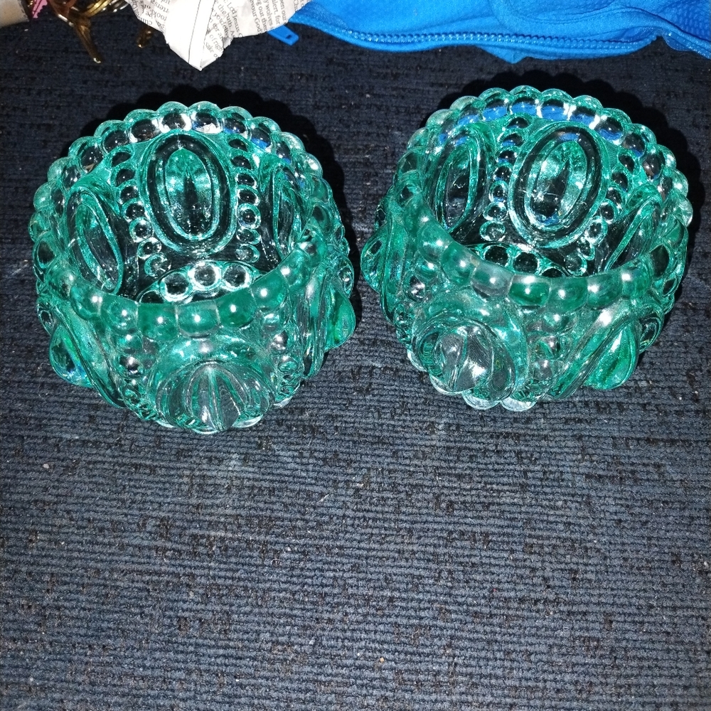 Vintage Candle Holder  Set | Green Art Bubbles Glass | Unique Art  OBO